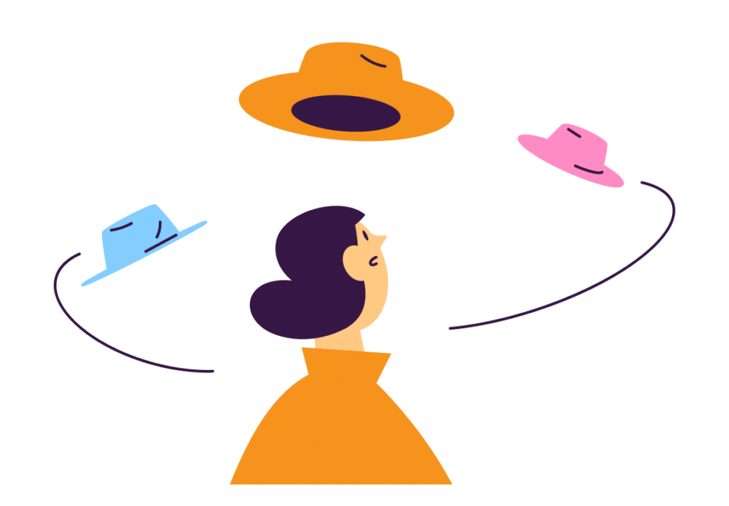 Bilde som illustrerer habilitet, dame med tre ulike hattar.