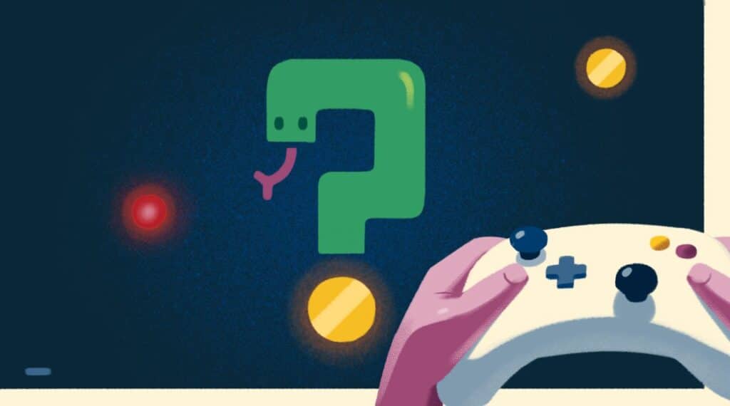 En hånd som holder en dataspillkontroller og ser på et spørsmålstegn i dataspillformat